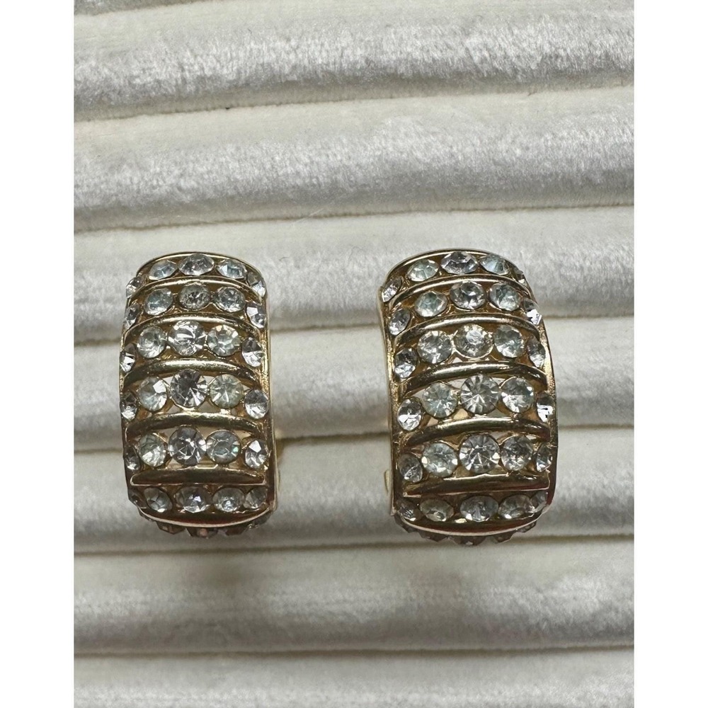 Vintage Ciner Rhinestone Half Hoop Clip Earrings Gold Tone Classic Couture